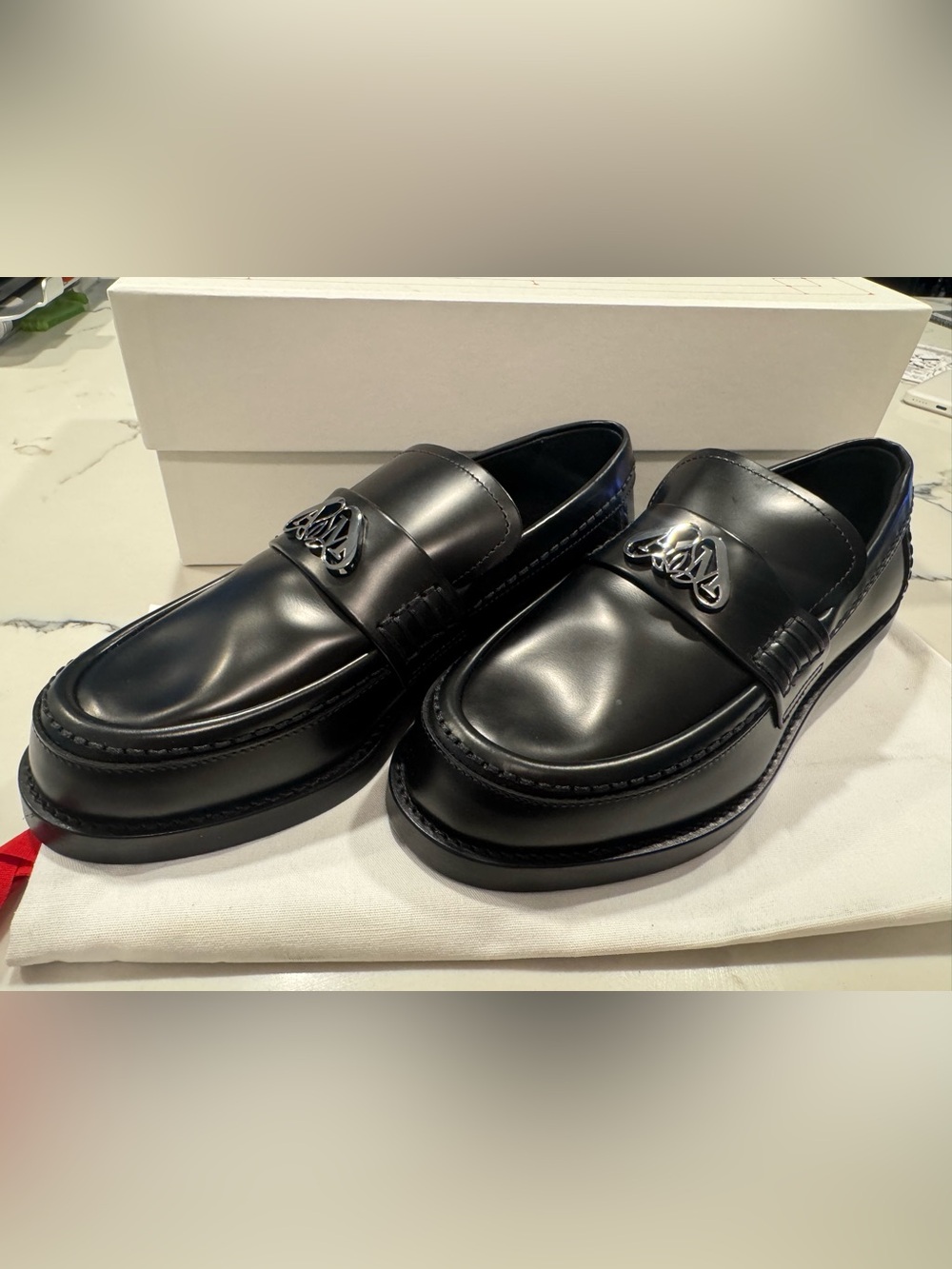 Alexander McQueen Black Leather Loafers with Silver Logo Hardware | 38.5 | NWT